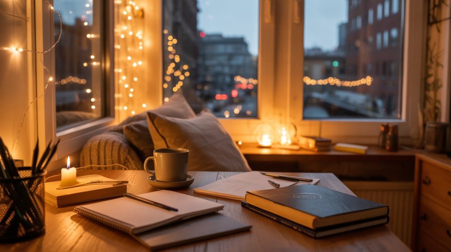 a cosy writing space, decorated with fairy lights and candles, you can see the busy world outside through the windows, but you're insulated here, in a creative, comforting, supportive environment. Ideogram image