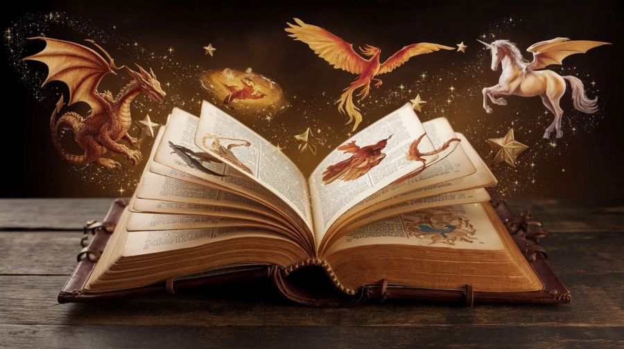 A magical book with mythological creatures hovering above the pages